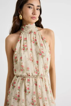 Abito all'americana in seta stampata - Beige