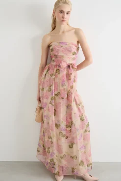 Abito bustier in organza fantasia - Beige