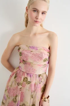 Abito bustier in organza fantasia - Beige
