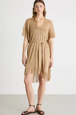 Abito caftano con frange - Cammello Oro