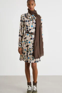 Abito chemisier con collo a foulard - Beige Blu