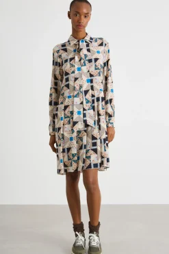 Abito chemisier con collo a foulard - Beige Blu