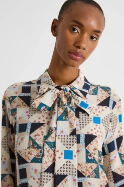 Abito chemisier con collo a foulard - Beige Blu