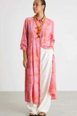 Abito chemisier in crepe de chine stampato - Arancione Rosa