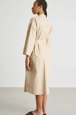 Abito chemisier in popeline con cintura - Beige