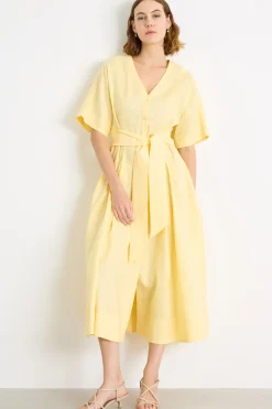 Abito chemisier in tela con cintura - Giallo