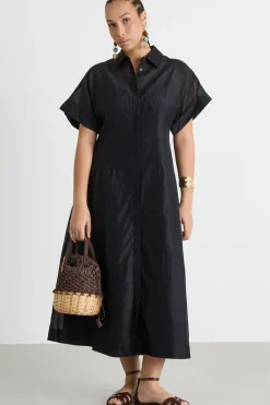 Abito chemisier in voile con maniche corte - Nero