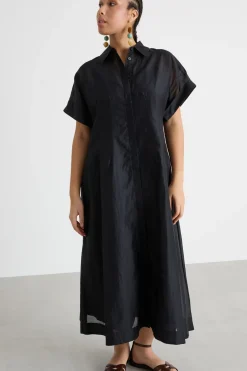 Abito chemisier in voile con maniche corte - Nero