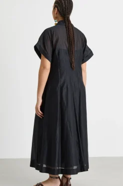 Abito chemisier in voile con maniche corte - Nero