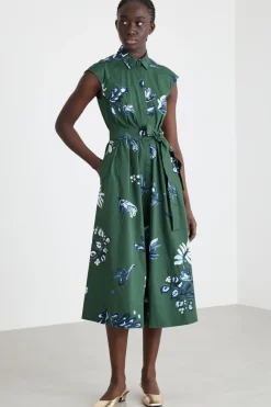 Abito con cintura in popeline stretch - Verde