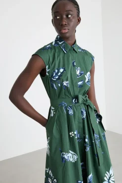 Abito con cintura in popeline stretch - Verde
