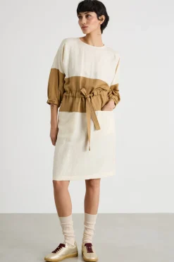 Abito corto con coulisse - Bianco Cammello