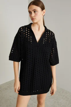 Abito corto in maglia traforata - Nero