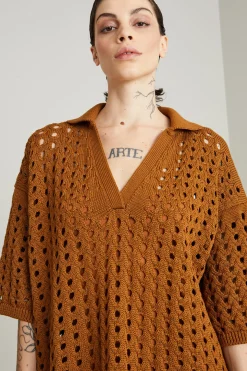 Abito corto in maglia traforata - Tabacco