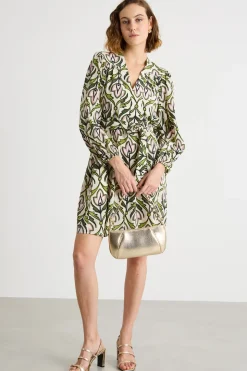 Abito in crepe de chine con cintura - Verde Bianco