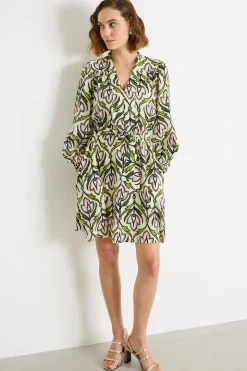 Abito in crepe de chine con cintura - Verde Bianco