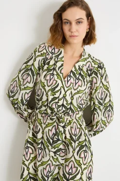 Abito in crepe de chine con cintura - Verde Bianco