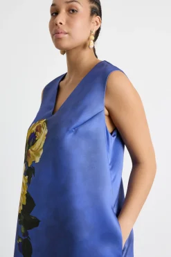 Abito in duchesse con stampa - Blu