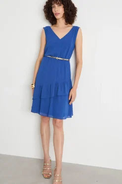 Abito in georgette con balze - Blu
