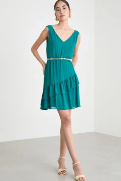 Abito in georgette con balze - Verde
