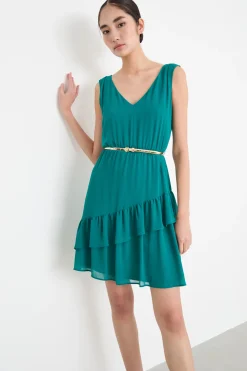 Abito in georgette con balze - Verde