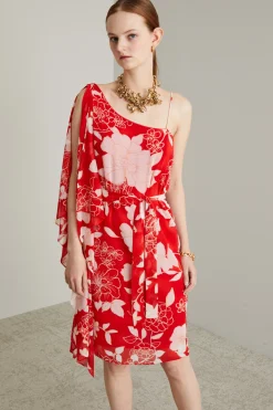 Abito in georgette con volant - Rosso Bianco