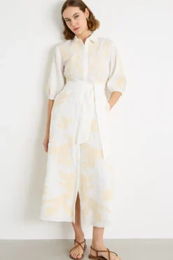 Abito in lino ricamato - Bianco Beige
