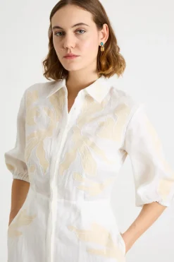 Abito in lino ricamato - Bianco Beige