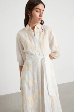 Abito in lino ricamato - Bianco Beige
