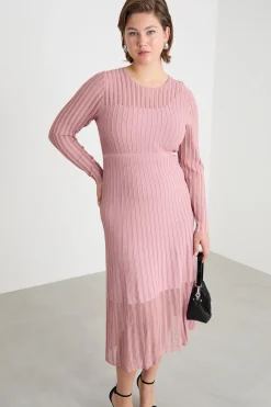Abito in maglia a coste plissé - Rosa