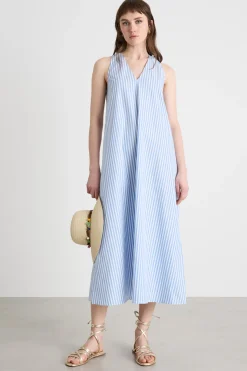 Abito in popeline con cintura - Azzurro Bianco