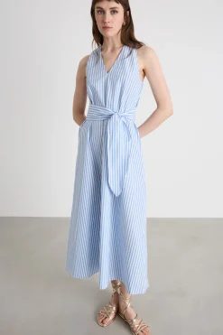 Abito in popeline con cintura - Azzurro Bianco