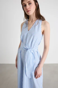 Abito in popeline con cintura - Azzurro Bianco