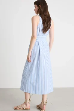Abito in popeline con cintura - Azzurro Bianco