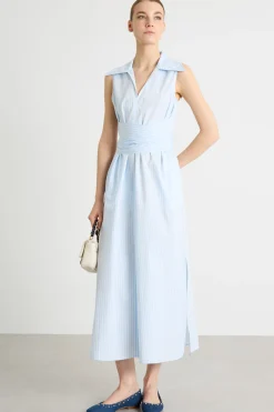 Abito in popeline con cintura - Azzurro Bianco