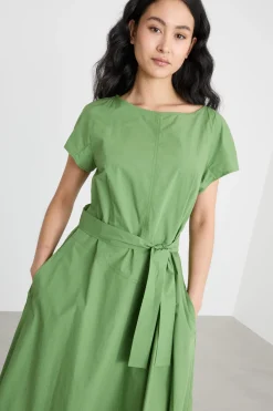 Abito in popeline con cintura - Verde
