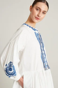 Abito in popeline con ricamo - Bianco Azzurro