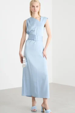 Abito in raso con cintura - Azzurro