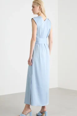 Abito in raso con cintura - Azzurro