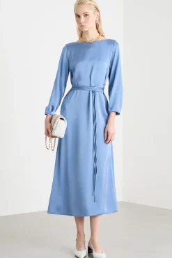 Abito in raso con cintura - Azzurro