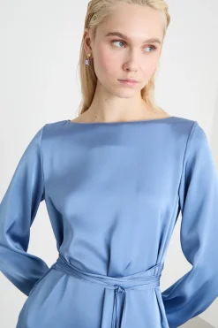 Abito in raso con cintura - Azzurro
