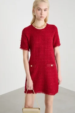 Abito in stuoia con bottoni decorativi - Rosso