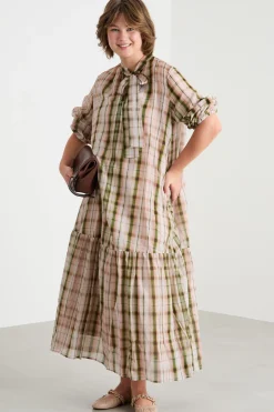 Abito in voile check con colletto alla coreana - Rosa Verde