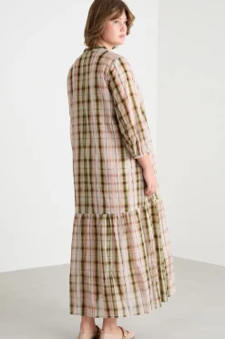 Abito in voile check con colletto alla coreana - Rosa Verde