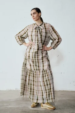 Abito in voile check con colletto alla coreana - Rosa Verde