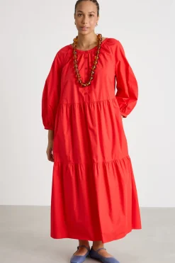 Abito lungo a balze in popeline - Rosso