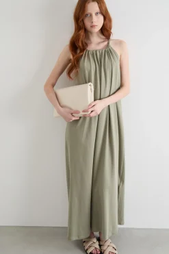 Abito lungo con scollo all'americana - Verde