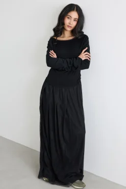 Abito lungo in maglia e tulle - Nero