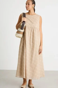 Abito lungo in mussola stampata - Beige