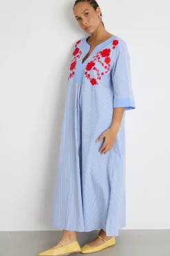 Abito lungo in popeline con ricamo floreale - Azzurro Rosso